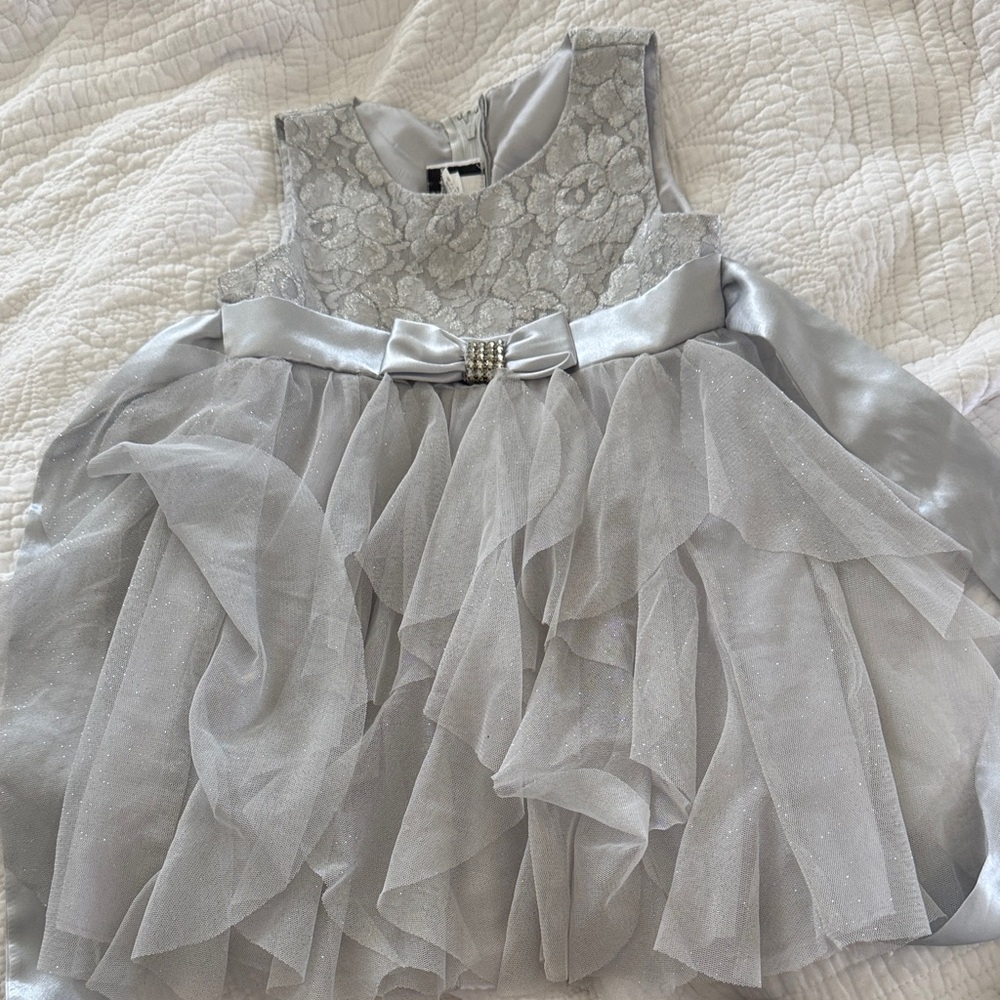 Rare Editions Silver Lace & Ruffle Tulle Dress